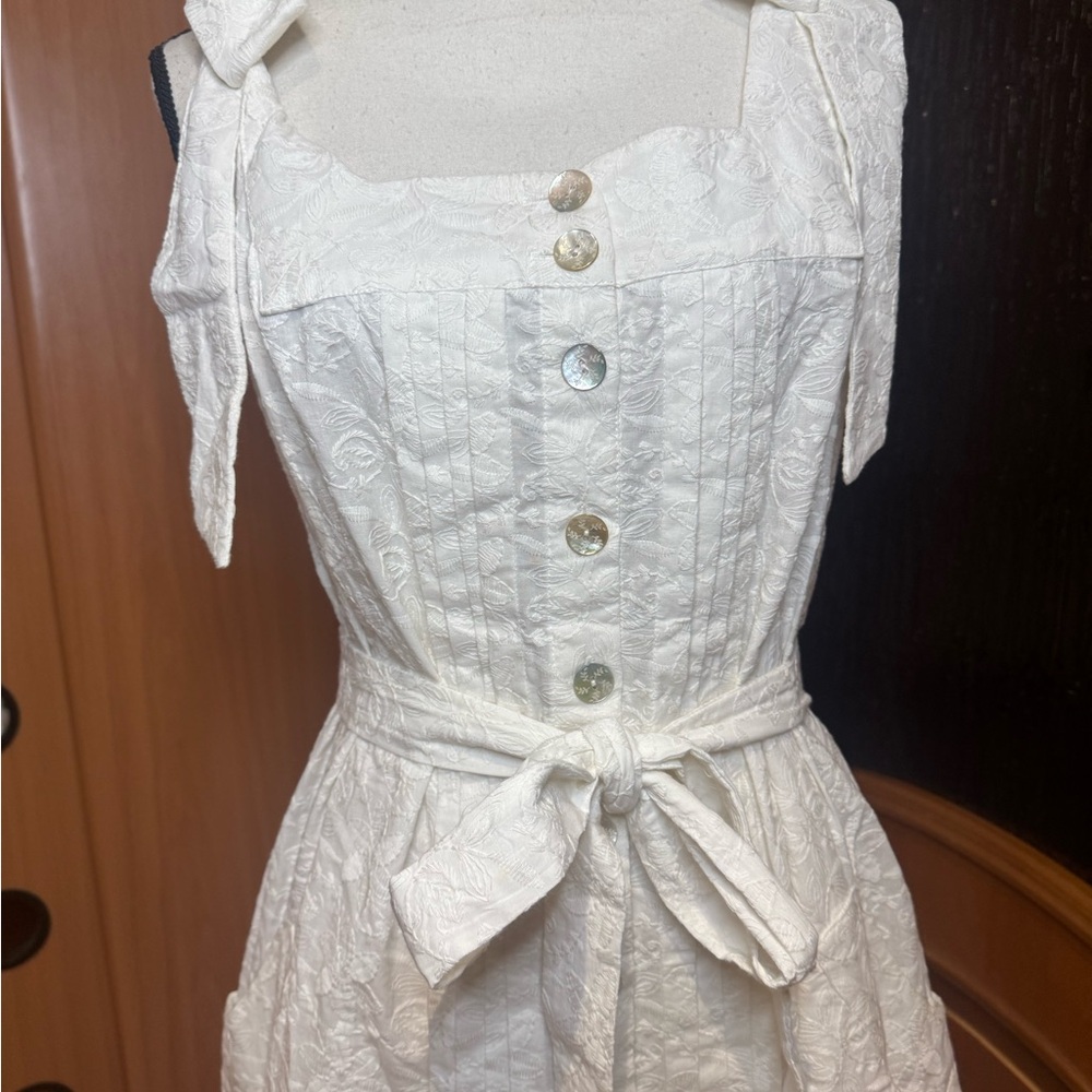 White Textured Maxi Dress with Button Front & Tie Waist